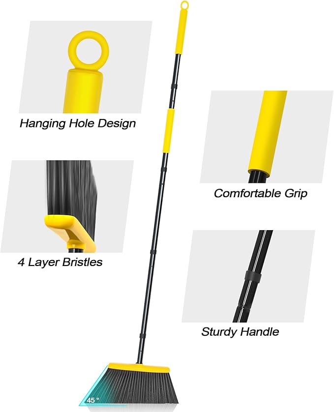 JEHONN Outdoor Broom Heavy Duty with 55 inches Long Handle, Household Collapsible Angle Brush for Sweeping Indoor Kitchen Patio Shop Outside Garage Lobby Garden Deck Hardwood Floors (Yellow)