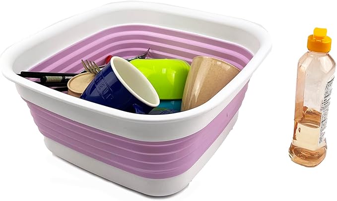SAMMART 8L (2.1 Gallon) Collapsible Tub - Foldable Dish Tub - Portable Washing Basin - Space Saving Plastic Washtub (White/Pale Purple)