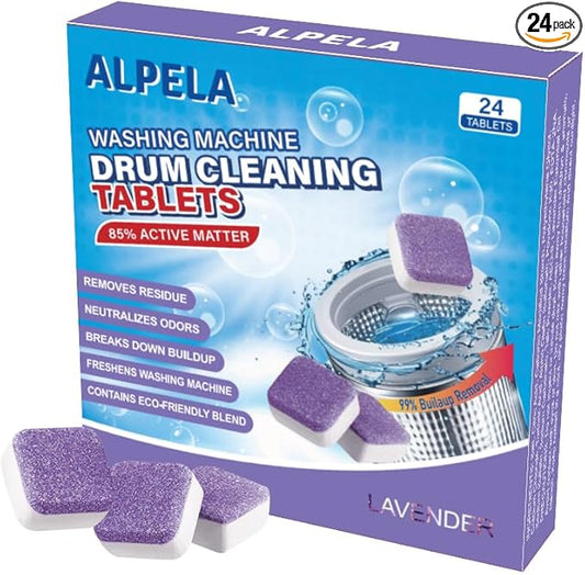 ALPELA Washing Machine Cleaner Descaler | Deep Cleaning Tablets For HE Front & Top Load Washer, Septic Safe Eco-Friendly Deodorizer, Clean Inside Drum and Laundry Tub Seal (Lavender Scent - 24 Count)