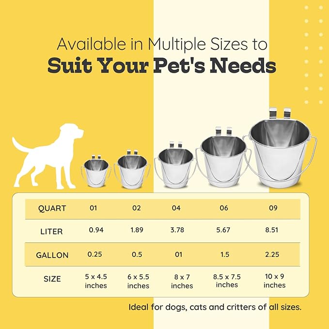 9 Quart Stainless Steel Flat Sided Bucket with Dual Hooks | Food & Water Bowl for XL Dog Goat Sheep Cattle Horse & Livestock | Fits kennel Crate Cages Farm Hanging Pet Pail | Multipurpose