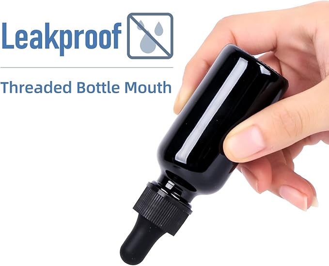 1 oz UV Resistant Dropper Bottle 48 Pack Black Glass Boston Bottles 30ml with Eye Droppers Black Caps for Essential Oils, Perfume, Leak Proof Travel Bottles for Liquids