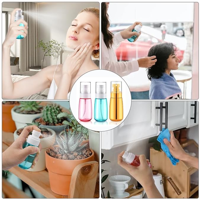 Cosywell Fine Mist Spray Bottle TSA Approved 3 Pack 2oz 60ml Leak Proof Travel Spray Bottle Empty Plastic Refillable Containers for Hair Perfume Toners Rose Water Cosmetics(Gold+Green+Pink)