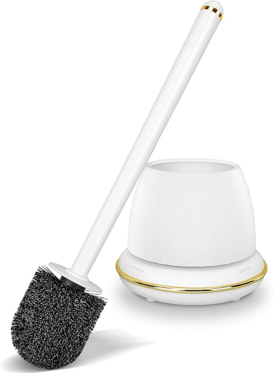 Gold Toilet Brush and Holder Set, Toilet Bowl Brush with Long Handle, Easy to Assemble of Compact Toilet Scrubber, Toilet Brush Set with No Leaks Have Vent, Stylish Gold Bathroom Accessories. U