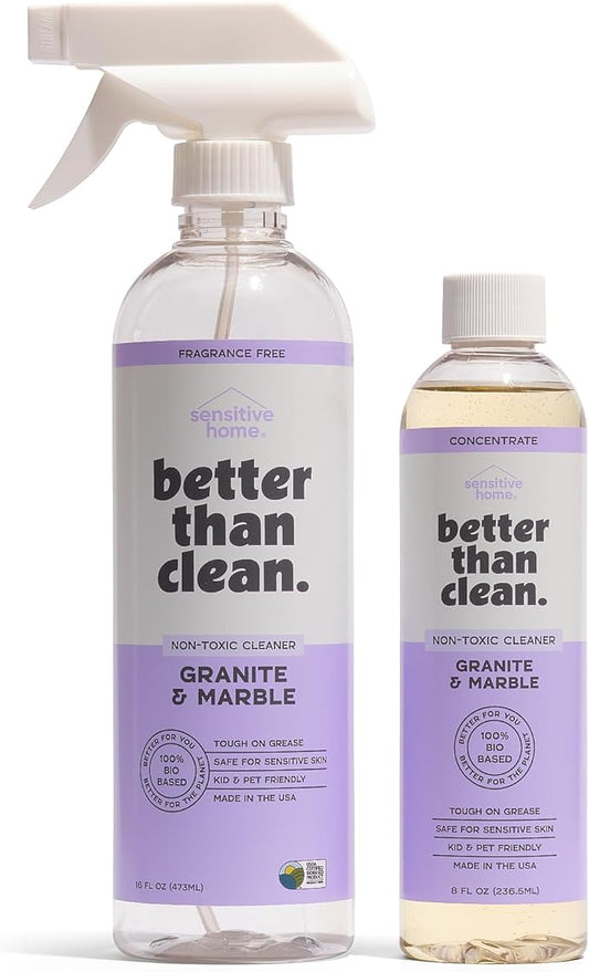 Better Than Clean™ Marble & Granite Cleaner Starter Pack – Natural Stone Cleaner for Granite, Marble, Quartz, – Plant-Based, Fragrance Free, Non-Toxic – 8oz Concentrate + 16oz Empty Refillable Bottle