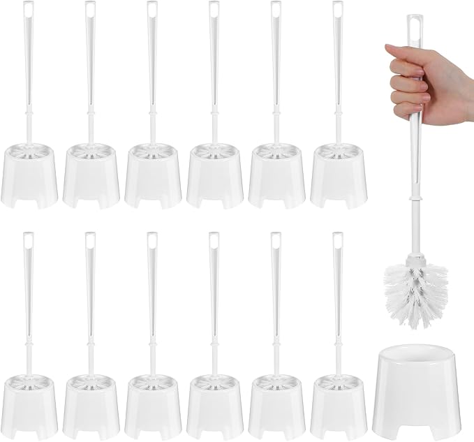 Afcabakila 12sets toilet brush and holder set white disposable Toilet Bowl Brush and Plastic Holder Bathroom Deep Cleaning Combo with Caddy Stand Professional Janitorial Scrub Brushs Cleaning Accessor