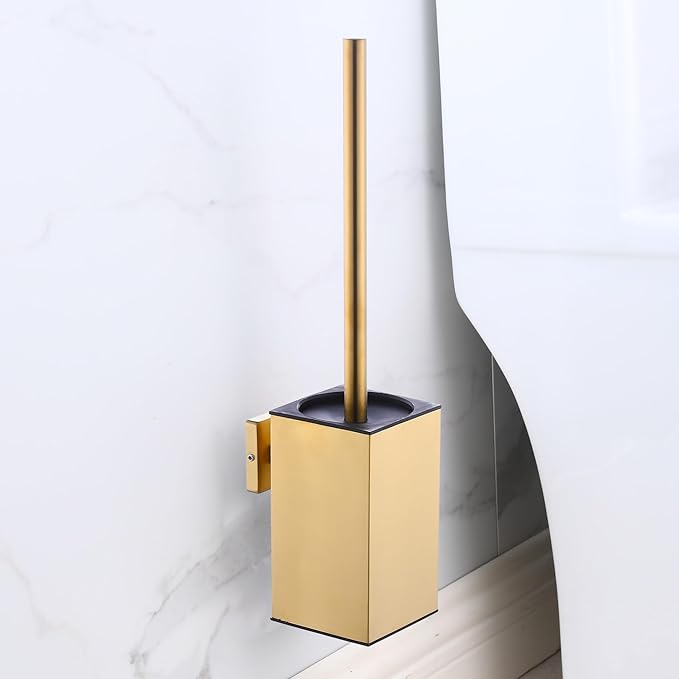 LSWYYP Toilet Bowl Brush and Holder Square,Stainless Steel Square Wall Mounted Toilet Bowl Brush with Lid,Cleaning Toilet Brush Set for Bathroom Brushed Gold