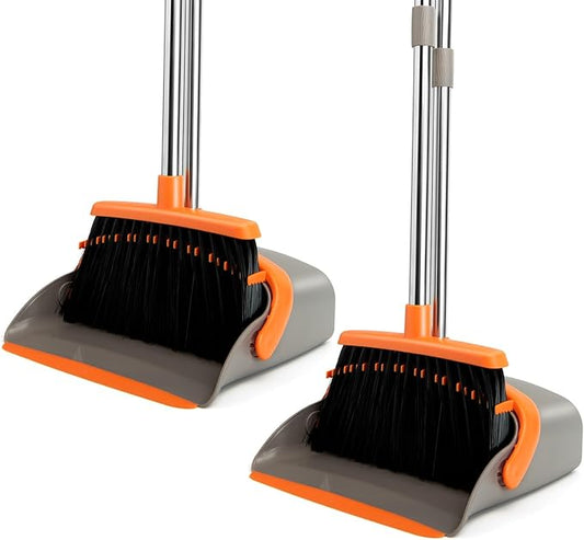 XXFLOWER 2-Pack Broom and Dustpan Set with Long Handle, Heavy Dust Broom and Dustpan Combo for Home，Kitchen, Office, Pet Hair(Gray Orange)