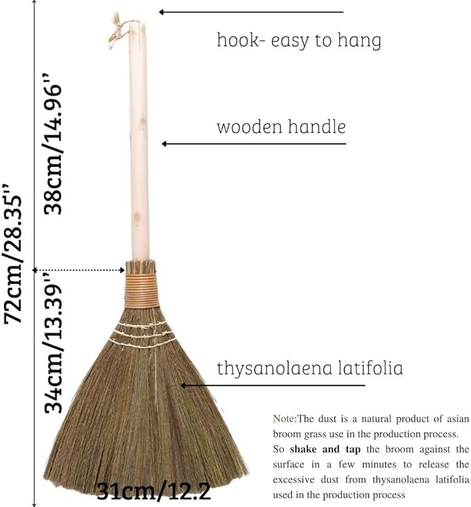 Handmade Vietnamese Straw Broom, Single Handle – Free Halloween Decoration Set, Witch Broom for Costume, Haunted House & Indoor Decor, Soft Grass Whisk Broom for Sweeping or Display