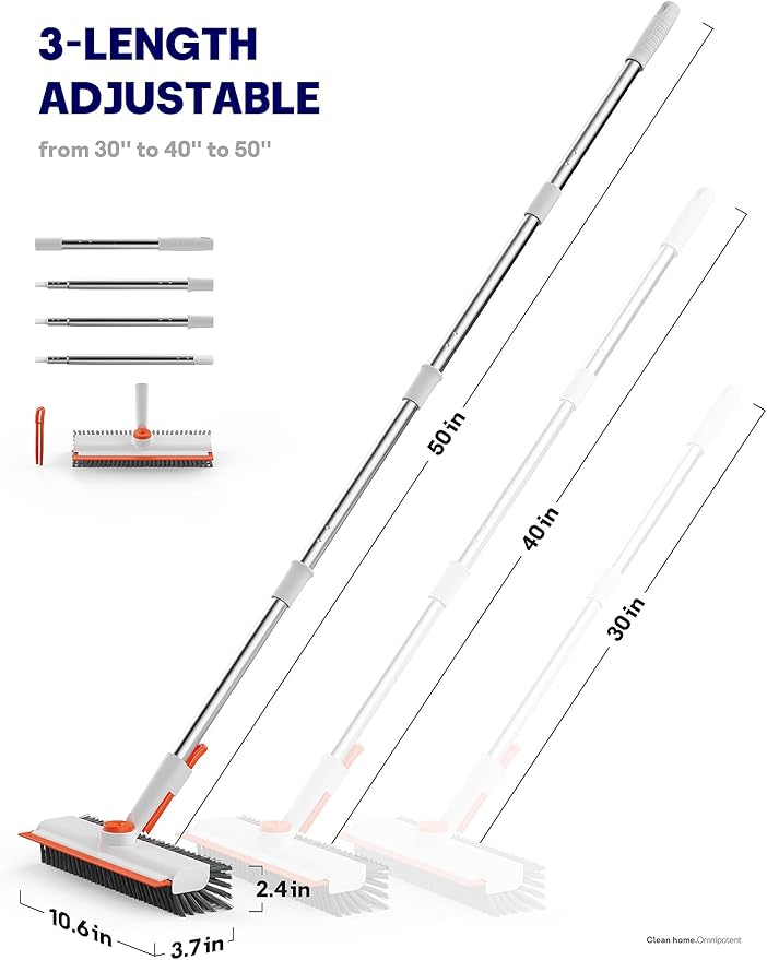 HelpX Floor Scrub Brush with Long Handle, 3 in 1 Scrape and Heavy-Duty Stiff Bristle Floor Scrubber Brush with Squeegee and Tweezer for Cleaning Tile Wall Deck (Orange and White)