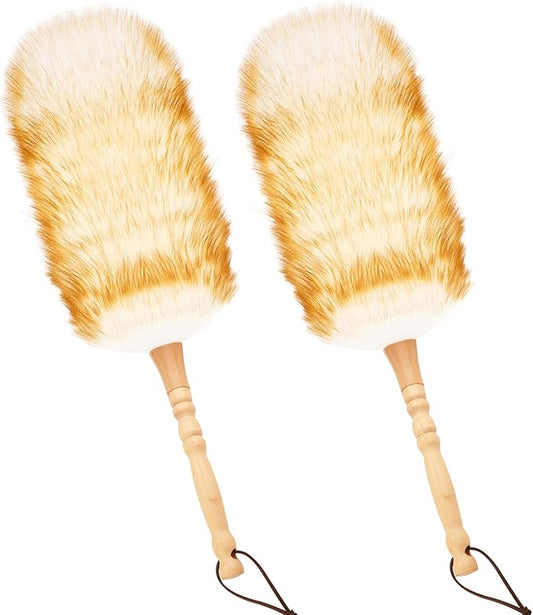 iHUFeather Lambswool Duster for Cleaning with Solid Wooden Handle Leather Hang Strap 19.6 inch Natural Feather Duster for Cleaning Ceiling Fans Window Blinds Computer Furniture(2 Pack)