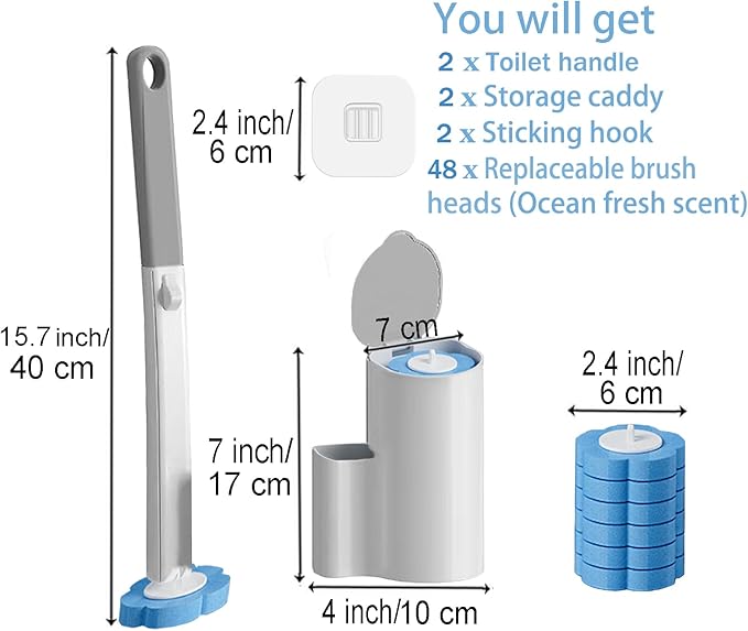 Ucaimao 2 Pack Disposable Toilet Brush and Holder Set,Extended Handle with 48 Cleaner Refills Toilet Brush for Toilet Bowl Cleaners,Bathroom Cleaning, Bathtub - Blue (Ocean Fresh Scent)