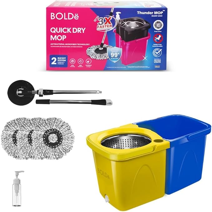 BOLDë Thunder Mop Spin System - Double-Sided - 2 Compact Stackable 6L Buckets, Microfiber Head, Stainless Steel Wringer, Antifungal Quick-Dry Cleaning, Soap Dispenser, 3 Free Refills (Yellow/Blue)