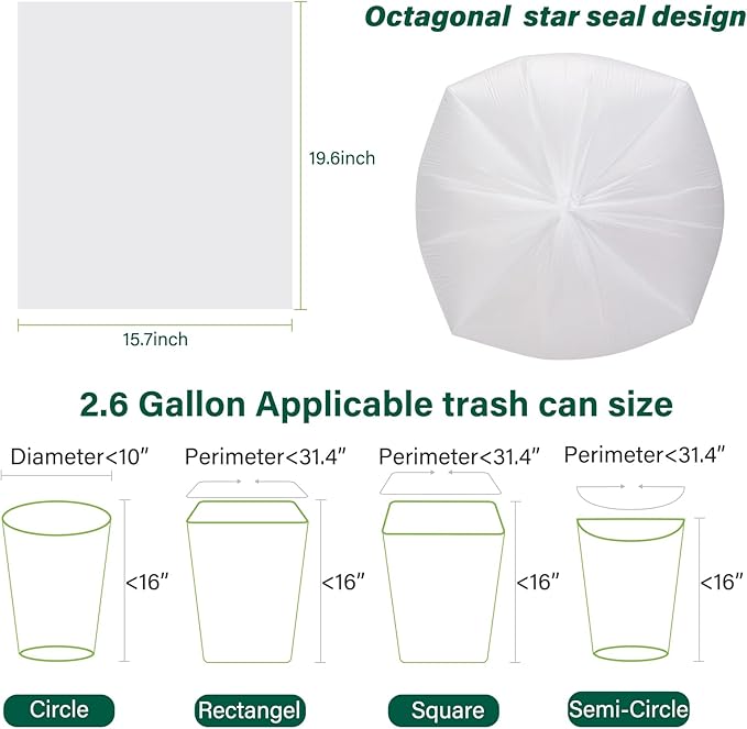 Inwaysin Biodegradable 2.6 Gallon Trash Bags, 180 Count, Scented Free, Translucent, Thickening & Leaking Proof, Suitable for Most Trash Cans, Perfect for Home or on the Go