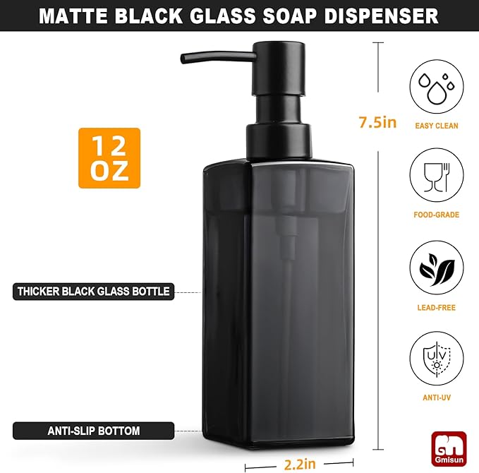 GMISUN Black Glass Soap Dispenser, Hand Soap Dispenser with Stainless Steel Pump for Bathroom, 12 fl oz/350ml Refillable Dish Dispensers for Kitchen, Modern Liquid Lotion Bottles for Countertop