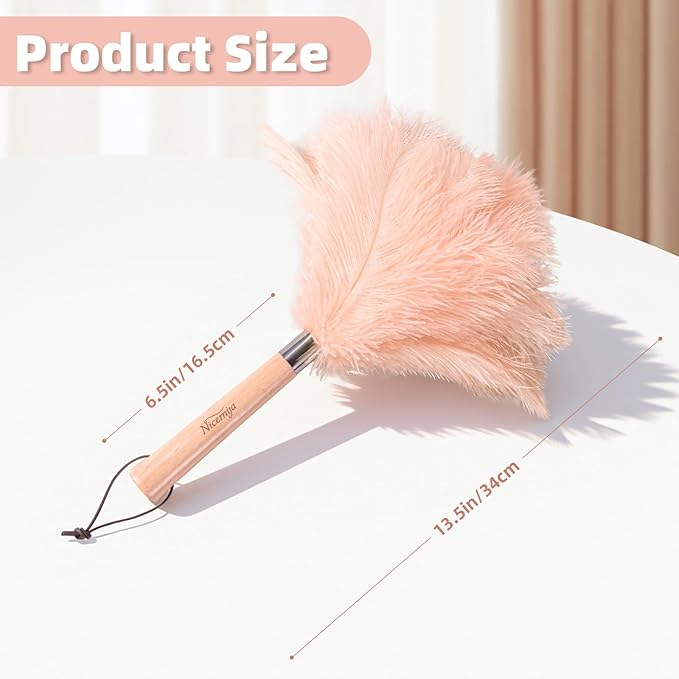 Pink Ostrich Feather Duster with Wooden Handle, 13.5 inch Natural Fluffy Cleaning Tool for Dusting Home, Car, Delicate Surfaces, Reusable Decorative Duster for Ledges, Blinds & Stylish Home Decor