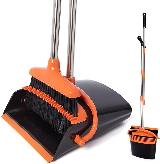 XXFLOWER Broom and Dustpan Set with Long Handle, Light Weight Stainless Steel Poles Stand Upright Dustpans with Broom Combo for Home Kitchen Office Pet Dog Hair, Black & Orange Color, 1-Pack