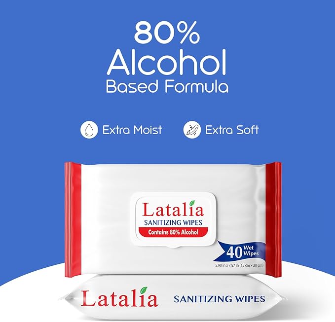 Latalia Hand Wipes Pack of 2 | 80% Alcohol Hand Sanitizer Wipes for Hands & Face Moisturizing, Gentle, Convenient and Fragrance Free (40 Counts)