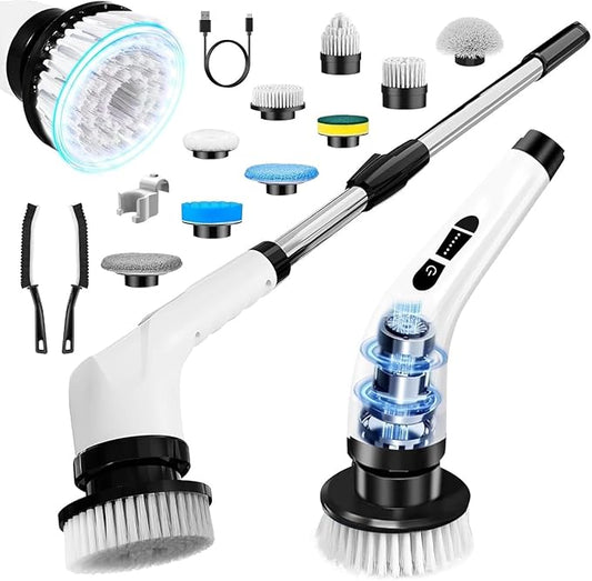 Electric Spin Scrubber-13in1 Cordless Electric Cleaning Brush-9 Replaceable Brush Heads-2 Speeds Shower Scrubber-3 Adjustable Size Handle-IPX7 Waterproof Bathroom Cleaner,Crevice Brush,Tile,Walls,Tub