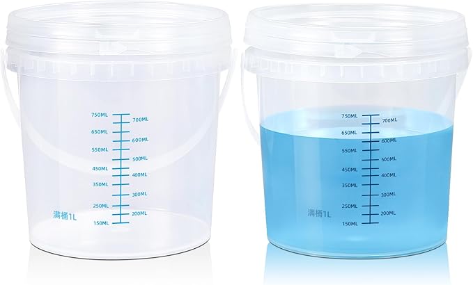 ASEVAT 32oz 2 Pack Clear Bucket Graduated Pail Container with Lid, Food Grade Buckets, Cleaning Containers Plastic Pails Extra Durable Handles with Grip for Easy Carrying