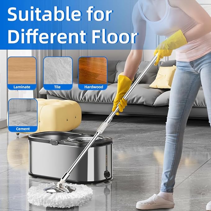 SWIFTIRON Spin Mop and Bucket with Wringer Set for Home,360° Mop and Bucket with Separate Clean and Dirty Water,Wet Dust Mop for Floor Cleaning with Extra Refills (Silver)