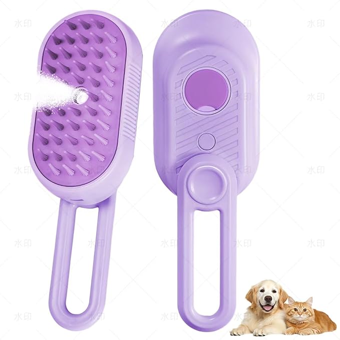 Secrtji 4 in 1 Cat & Dog Steam Brush Kit with 2 Comb Heads - Rechargeable Grooming Brush for Long/Short Hair Shedding, Anti-Static Steam Spray & Foldable Handle, Pet Spa Cleaning Tool (Purple)