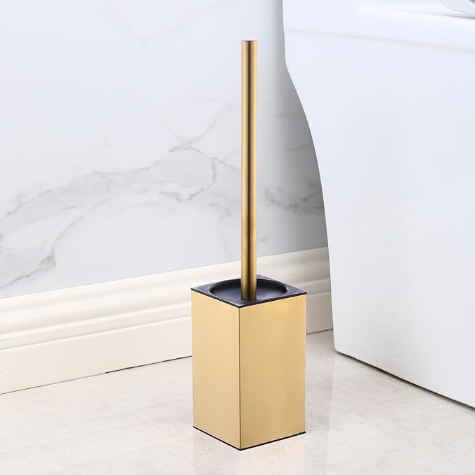 Freestanding Toilet Brush and Holder Set Stainless Steel Toilet Bowl Cleaners Square Modern Toilet Brush Heavy Duty Bathroom Accessories (Brushed Gold)