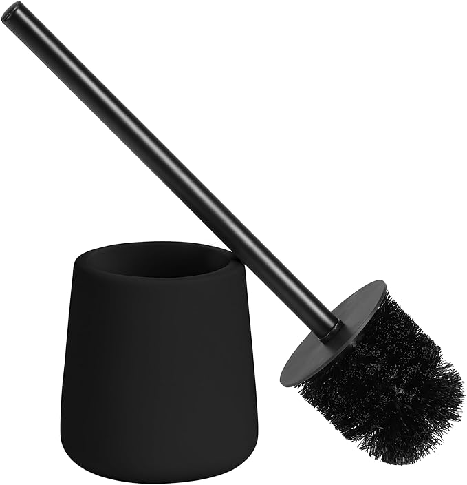 Navaris Toilet Brush and Holder Set, Black - Toilet Brushes & Holders - Soft Touch & Rubber Coated Loo Brush with Stainless Steel Handle - Adjustable Silicone Water Stopper