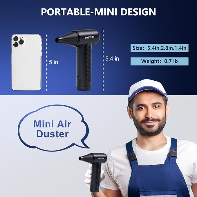 DOWYLIK Compressed Air Duster - 150000RPM Brushless Motor, Mini Air Blower for PC Cleaning Kit, Canned Air Duster for Computers, Rechargeable & Portable Compressed Air for Electronics