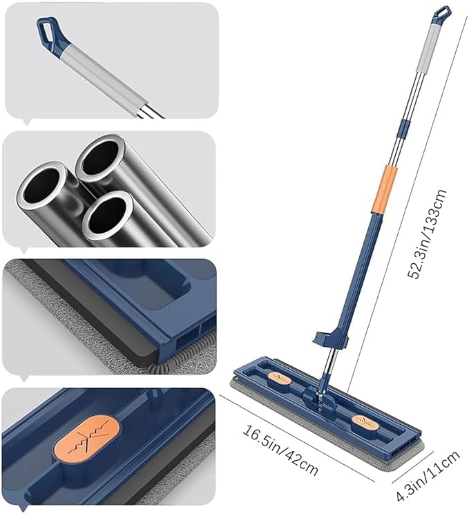 Large Flat Mop, Saker Plus Self Wringing Mop 360° Rotating Flat Mops with Washable Microfiber Pads, Independent Drainage Scraper Floor Cleaning System (White, 4 Microfiber Pads)