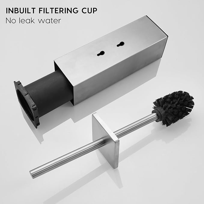 JOVYXIE Brushed Stainless Steel Square Toilet Brush with Metal Lid Dual-Use Toilet Brush Holder with Drilled + Drill-Free Hook Base Includes Removable Inner Bucket (Brushed)