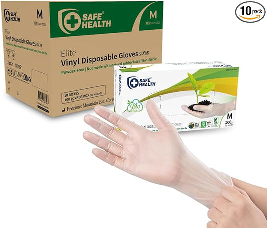 Safe Health Biomass Eco-Friendly Vinyl Disposable Gloves, USDA Certified Biobased Product, Latex Free, Powder Free, Clear, Case of 1000, Medium, 3 mil