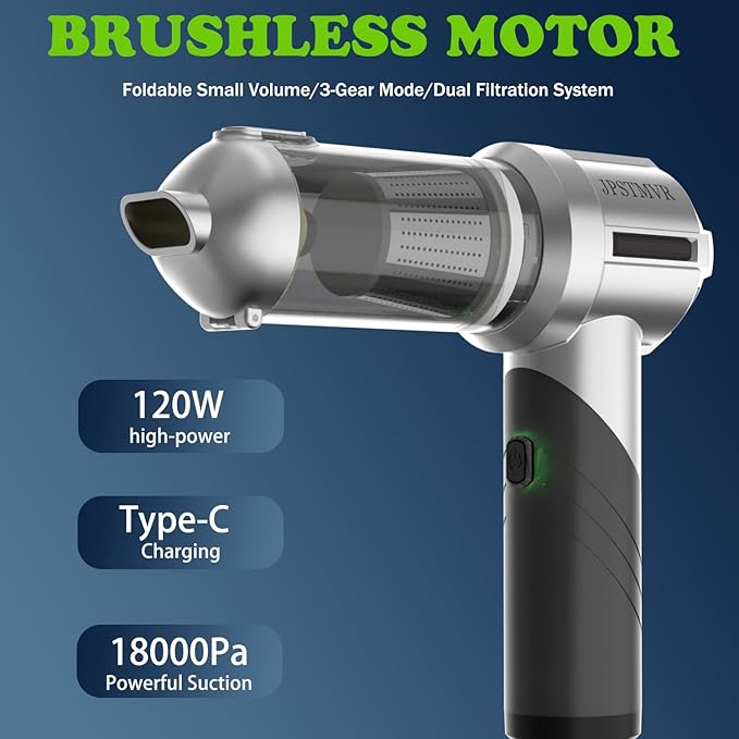 JPSTMVR Car Vacuum Cleaner, 18000PA Vacuum Portable Cordless, 4 in 1 Air Duster with LED Light and Multi-Nozzles, 120W High Power Rechargeable Foldable Vacuum Cleaner for Home, Office, Pet