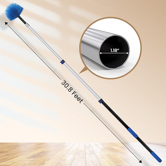 36ft High Ceiling Duster Kits with 5-30ft Heavy Duty Extension Pole - Fan Blade Cleaner, Cobweb Remover & Blue Window Squeegee Kit, Washable Dust Brush for High Roof and Glass Surfaces