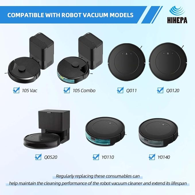 Y0140 Robot Vacuum Part Replacement: for iRobot Roomba 104 105 Y0140 Q0120 Y0110 Q011 Q0520 Vac/Combo Models - 1 Main Brush, 4 Side Brushes, 4 HEPA Filters,4 Mop Pads｜Pet Hair Solution