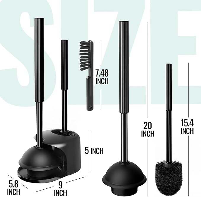 2 Pack 4 in 1 Toilet Brush and Plunger Set with Crevice Cleaning Brush, Toilet Plunger and Brush Set with Extra Long Handle, Plungers for Bathroom Accessories, Toilet Plunger with Holder, Black