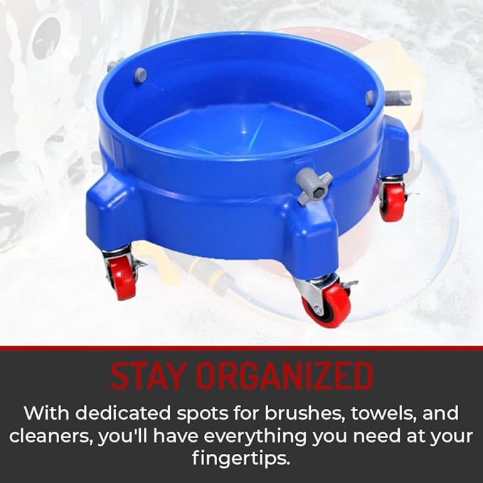 Heavy Duty Car Wash Bucket Dolly with 360° Swivel Casters | Fits 3.5–7 Gallon Buckets | 300 lb Capacity | Soap Holder | Rolling Pail Stand for Auto Detailing |Blue