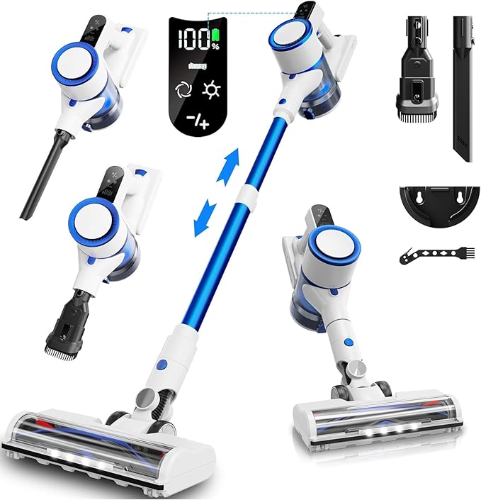 Cordless Vacuum Cleaner,450W Powerful Suction With Smart LED Display,50-Min Runtime,Anti-Tangle Brush, Rechargeable Battery, Lightweight Stick Vacuum Cleaner for Home, Pet Hair, Hard Floors, Carpet