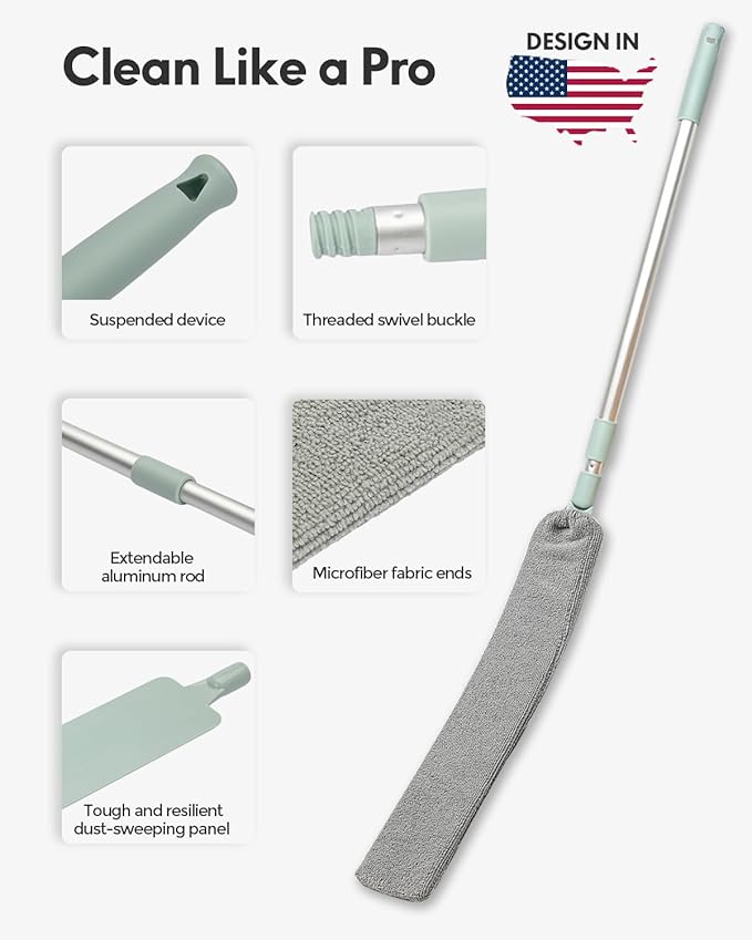 Extendable Duster for Hard to Reach Areas, Extension Pole of Flat Duster for Under Appliances, Includes 8 Washable Microfiber Dusters for Cleaning Extendable Under Refrigerator, Furniture & Couch