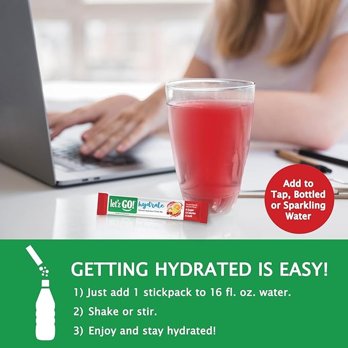 Let'z Go! Hydrate- Natural Hydration + Electrolyte Drink Mix- Hydration + Electrolytes + Antioxidant Powder Packets, Natural Flavors, Vitamins C + D | No Sugar | No Calories | (15 Count) Fruit Punch