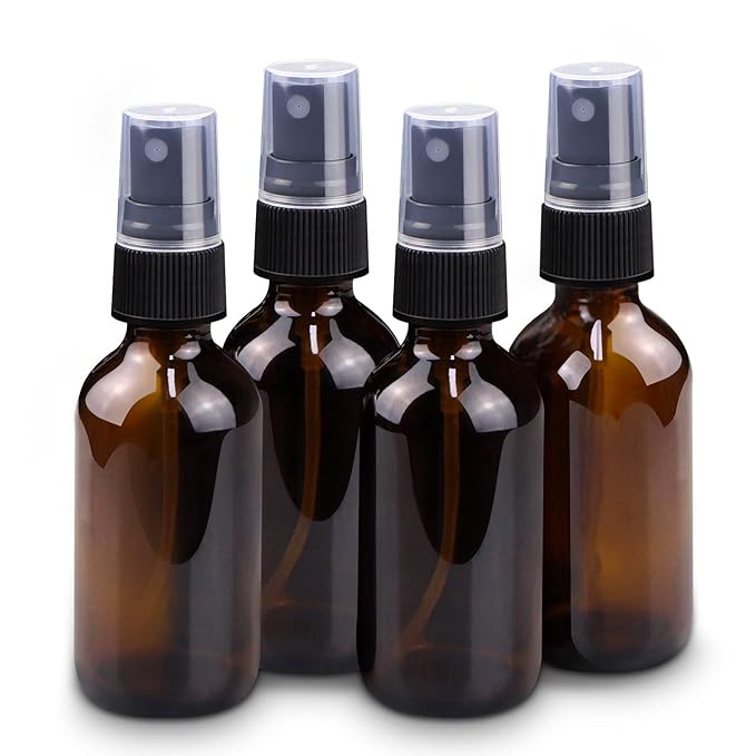 Wedama 4 oz Mini Glass Spray Bottles, Empty Small Spray Bottles with Funnel Dropper, Fine Mist for Hair, Travel, Plants, Cleaning Solutions and Skin Care (4 Pack Amber)