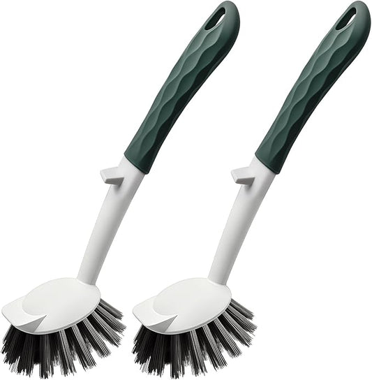 DMBMHMBDF Dish Brush, 2 Pack with Comfortable Handle, with Built-in Scraper, Scrub Brush with Stiff Bristles for Cleaning Dishes, Sink, Pots(Green)