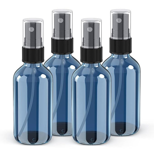 Wedama 2 oz Mini Glass Spray Bottles, Empty Small Spray Bottles with Funnel Dropper, Fine Mist for Hair, Travel, Plants, Cleaning Solutions and Skin Care (4 Pack Indigo Blue)