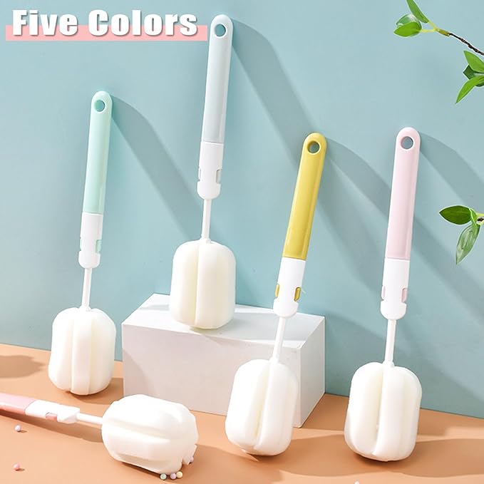 INVODA Sponge Nipple Bottle 5 PCS + Replaceable Brush Heads 5 PCS Baby Bottle Brushes Long Handle Cup Scrubber Brush Portable Sponge Cleaning Brush (5 PCS+ 5 Brush Heads)