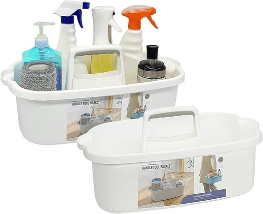 2 Pack Multi-Purpose Plastic Cleaning Caddy with Handle, Shower Caddy Organizer/Storage Basket/Totes Portable for Bathroom Supplies, Cleaning Products, Under Sink Tool, Housekeepers(White2)