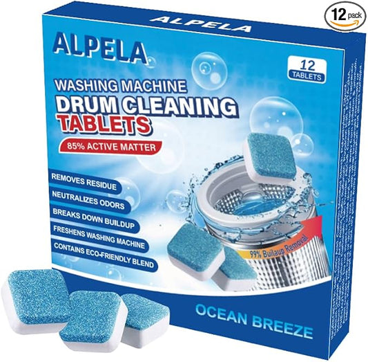 ALPELA Washing Machine Cleaner Descaler | Deep Cleaning Tablets For HE Front & Top Load Washer, Septic Safe Eco-Friendly Deodorizer, Clean Inside Drum and Laundry Tub Seal (Ocean Breeze - 12 Count)