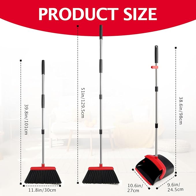 XXFLOWER Broom and Dustpan Set with Long Handle, Heavy Dust Broom and Dustpan Combo for Home，Kitchen, Office, Pet Hair (Black Red)