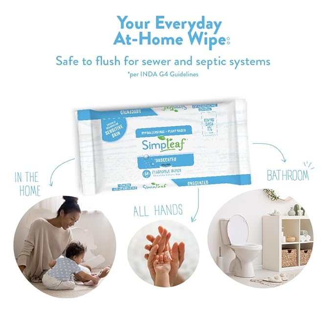Simpleaf Flushable Wet Wipes Unscented | Plastic Free, Paraben & Alcohol Free | Hypoallergenic & Safe for Sensitive Skin | Soothing Aloe Formula | Adult Toilet Wipes (6 x 50 Counts Pack) 300 Counts