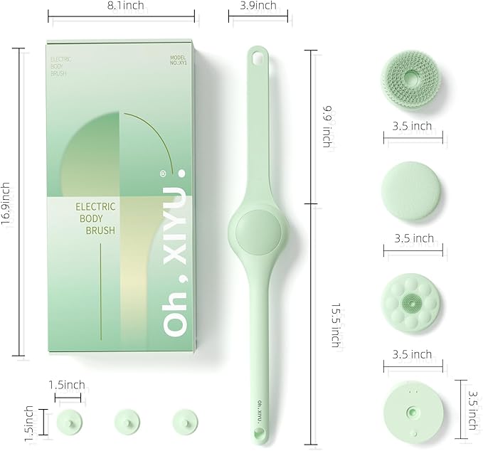 Oh,XIYU. Electric Body Brush Back Scrubber for Shower, Waterproof Long Dual Handle Power Body Scrubber with 3 Heads, Rechargeable Bath Brush & 2 Speeds, for Cleansing, Exfoliating and Massaging Skin