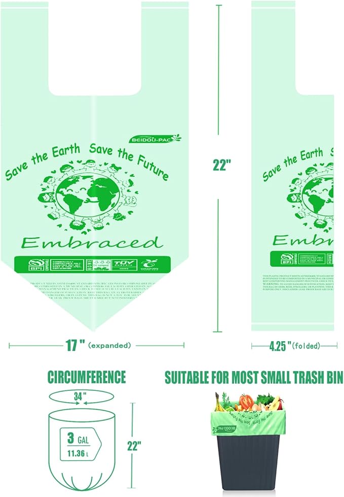 100% Compostable Trash Bags, 3 Gallon Compost Bags Small Kitchen Trash Bags with Handle, 100 Count Sturdy Biodegradable Garbage Bags Food Scrap Waste Bags, ASTM D6400, US BPI Certified