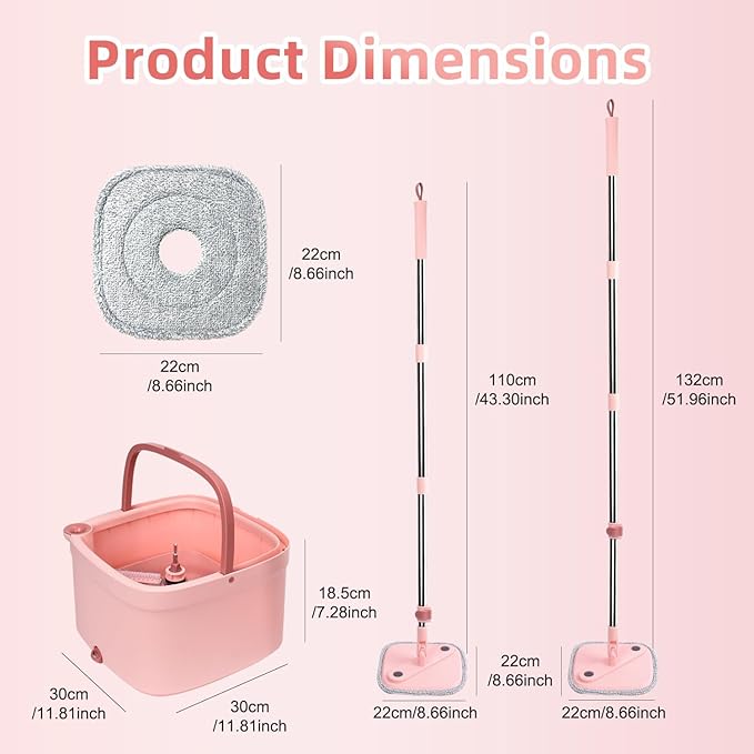 KZKR Square Spin Mop and Bucket Set with Self Separation Dirty and Clean Water System, Self Wringing 360° Rotating Mops Head with 6 Replaceable Microfiber Pads for Home Floors Cleaning